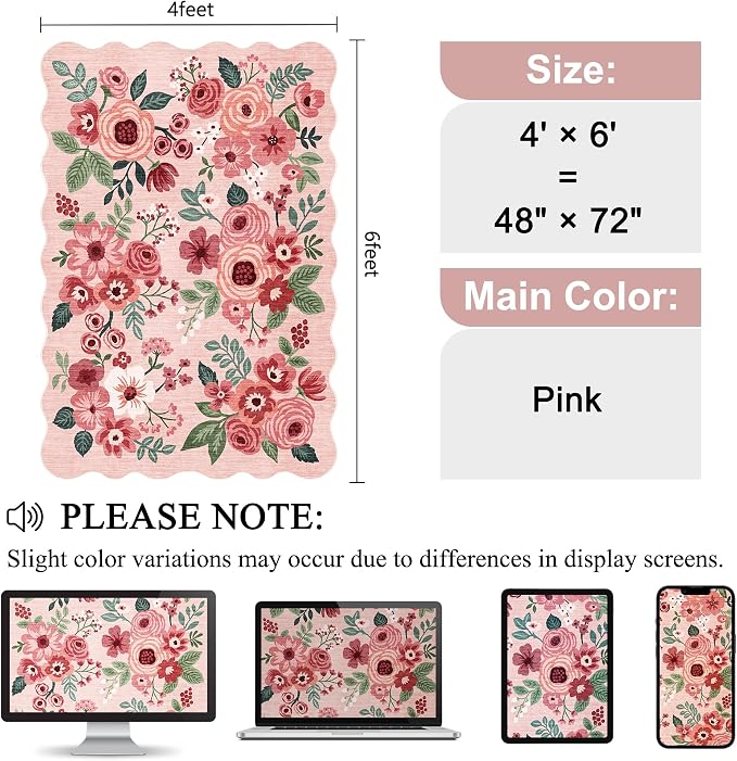 DUKINO 4x6 Area Rug, Floral Non-Slip Indoor Washable Rug