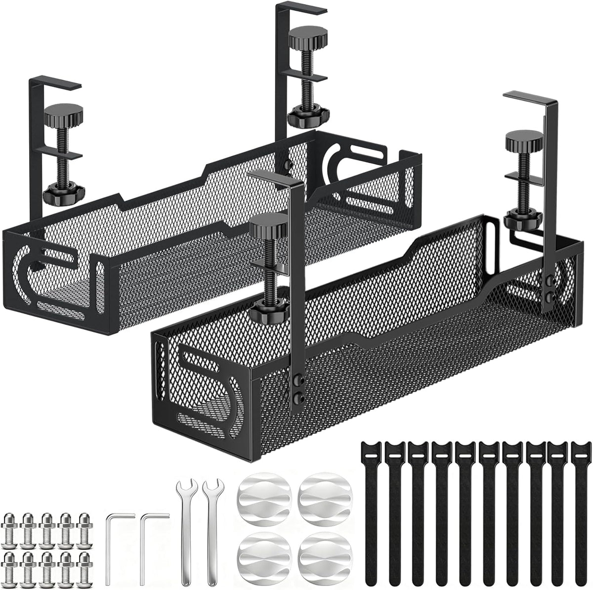 2Pack Under Desk Cable Management Tray, No Drill Mesh Desk Cable Tray