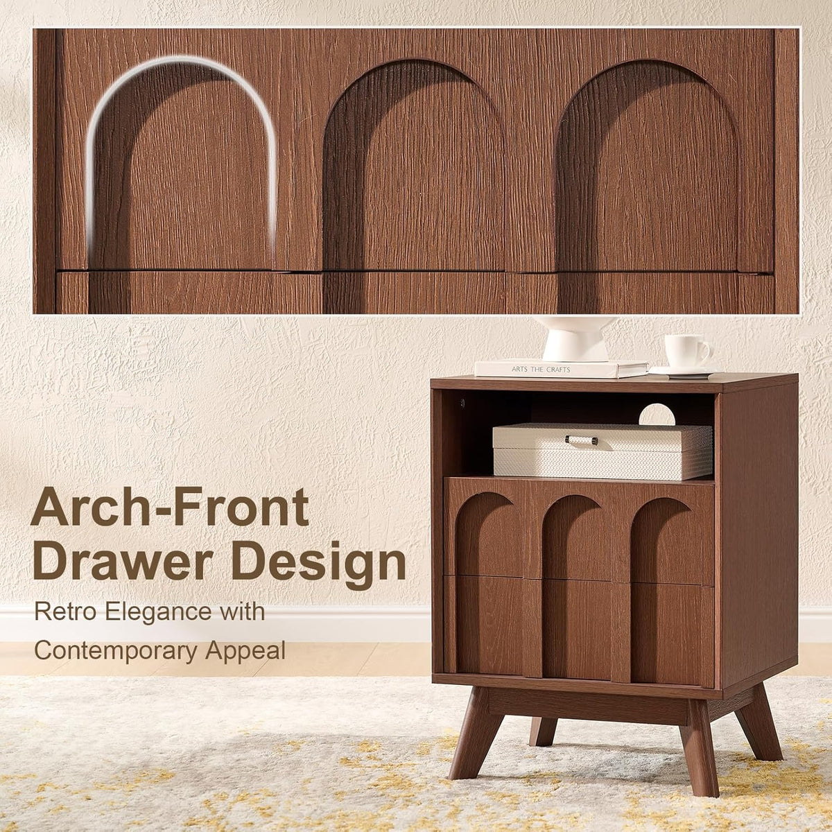 Oak&Sparrow Mid Century Modern Dresser for Bedroom, Walnut 2 Drawer Dresser with Arched Front, Open Shelf, Charging Station, 18.3'' Wide Storage Organizer