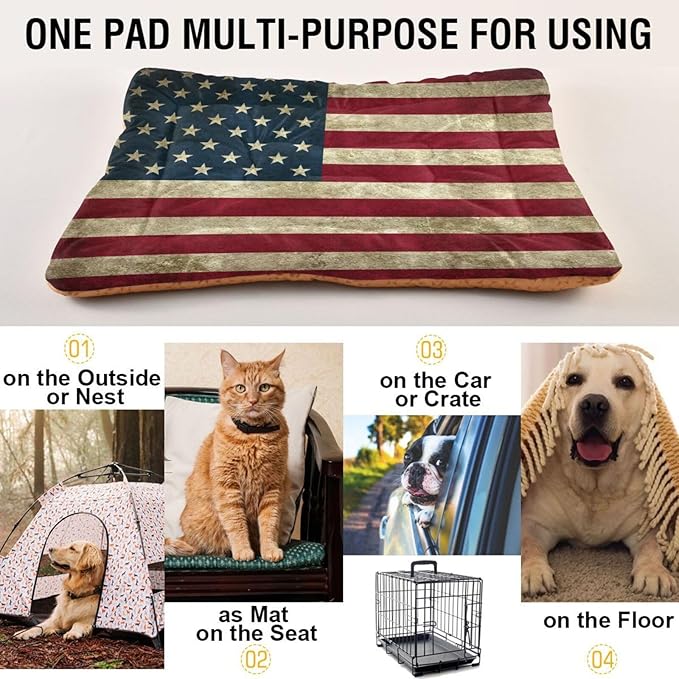 American Flag Dog Bed Mat, Cat Crate Pad with Non-Slip Bottom Washable Soft Pet Kennel Beds for Small Medium Large Dogs, 24"x18"