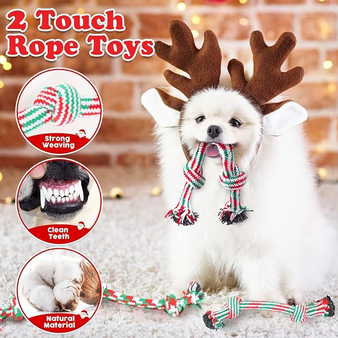 Christmas Dog Toys 8 Pack - Santa Squeaky Plush Chew for Puppy, Durable Interactive Rope for Teething, Treating Ball and Bone Rubber for Small Dogs