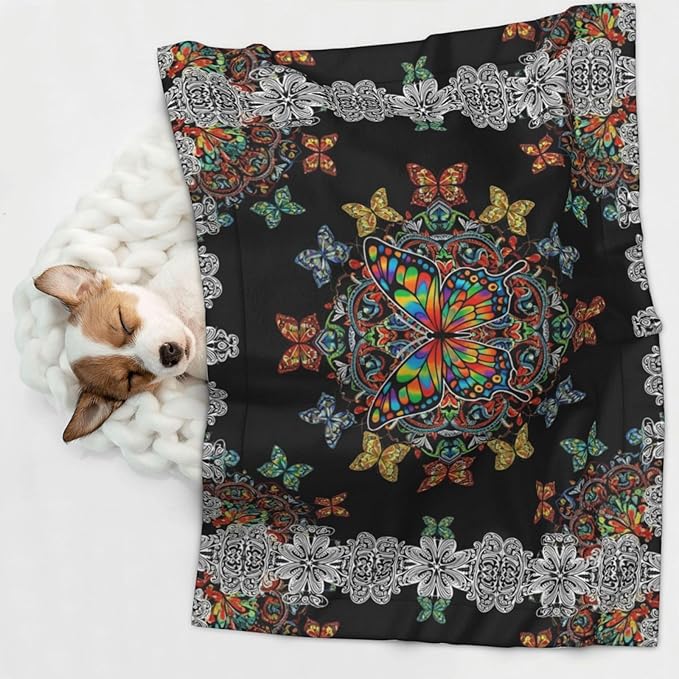 Double Sided Plush Pet Blanket with Cozy Dot Texture and Smooth Reverse, Butterflies Mandala Rainbow Art Black and White, Reversible Throw for Dogs Cats on Couches Beds Crates