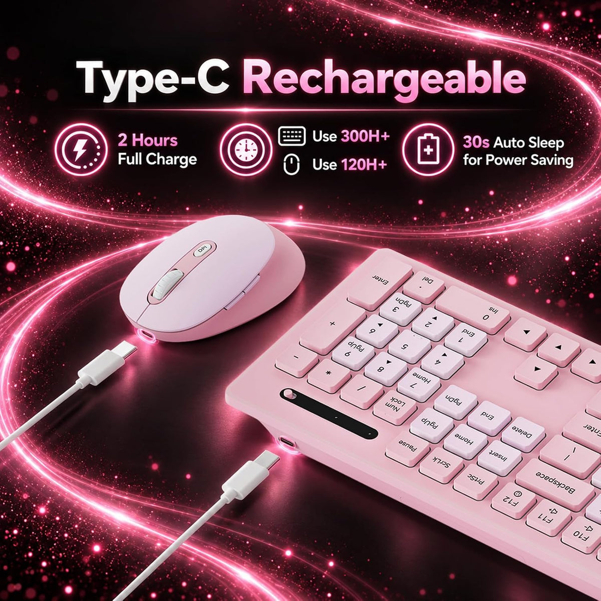 Rechargeable 2.4Ghz Wireless Keyboard and Mouse Combo - Pink