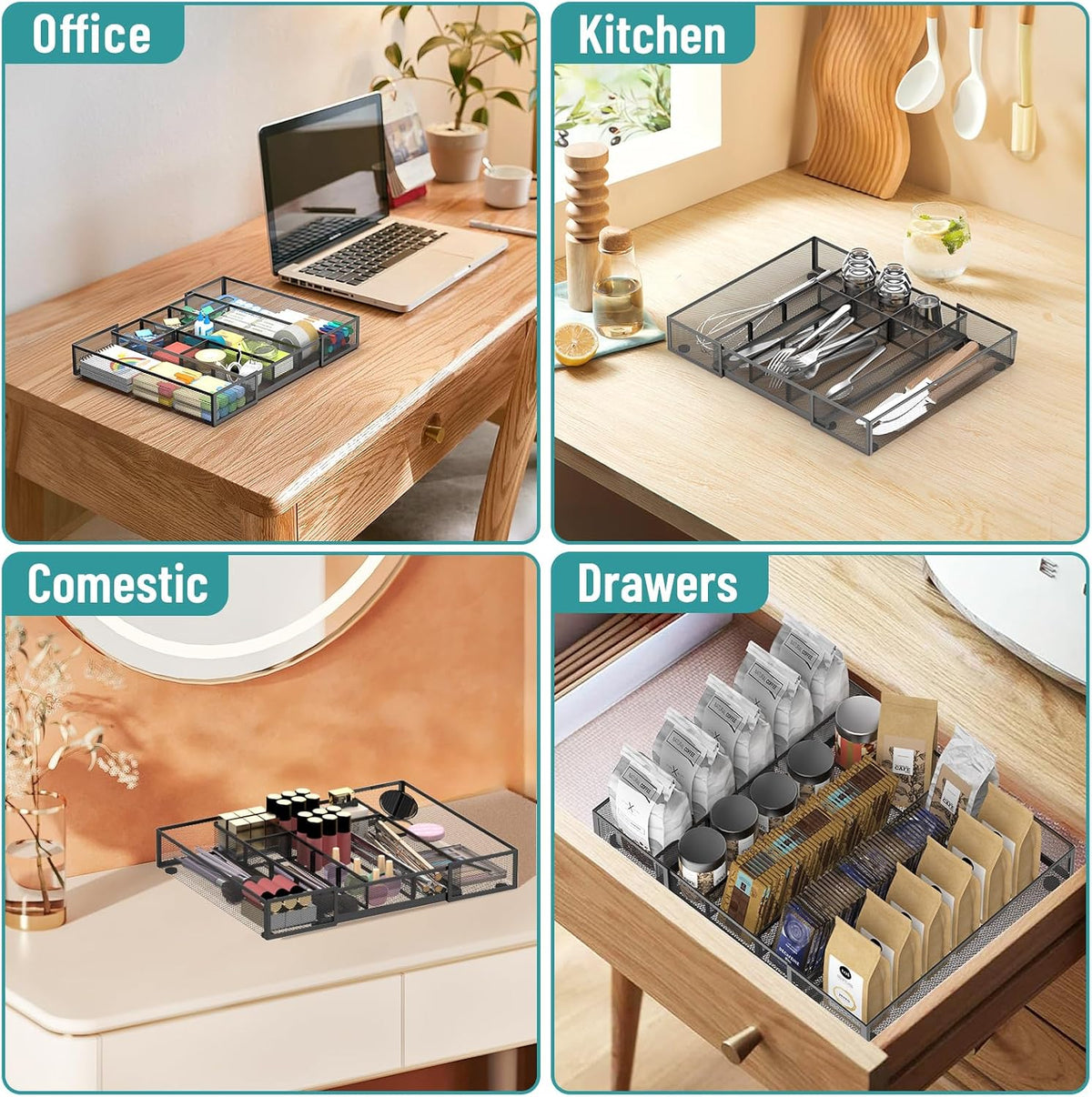 2 Pack Expandable Desk Drawer Organizer, 10 Compartments, Black