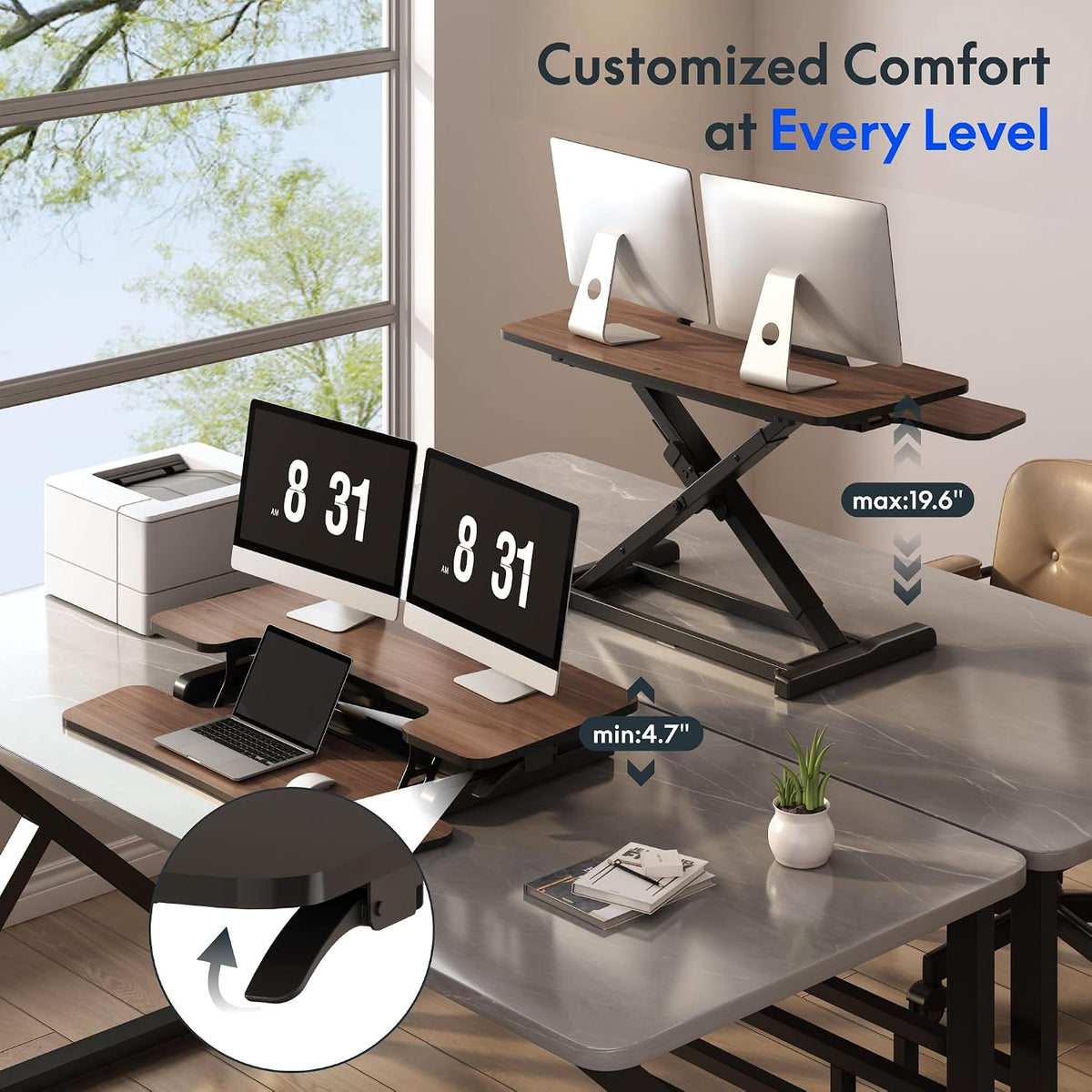 FLEXISPOT 36" Standing Desk Converter, Dual Monitor Desk Riser, Sit Stand Computer Workstation with Ergonomic Height Adjustment, Large Stand Up Desk Riser for Home Office, Walnut