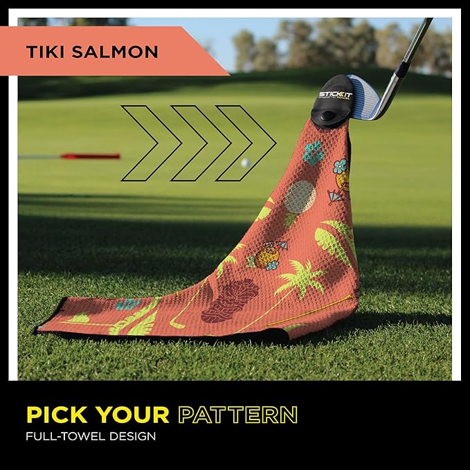 STICKIT Magnetic Salmon Pink Tiki Golf Towel | Top-Tier Microfiber Golf Towel with Deep Waffle Pockets | Industrial Strength Magnet for Strong Hold to Golf Carts or Clubs
