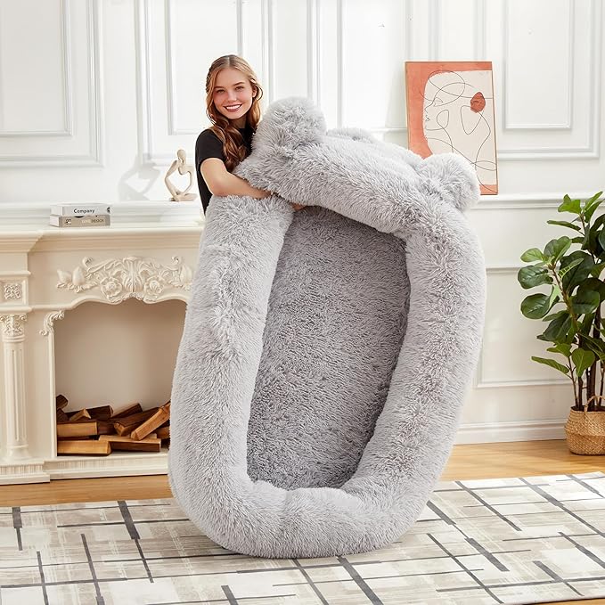 GarveeHome Human Sized Dog Bed, 71" x 45" x 12" Large Dog Bed with 2 Storage Pockets, Fluffy Faux Fur Orthopedic Pet Bean Bed for Adults & Giant Pets - Grey