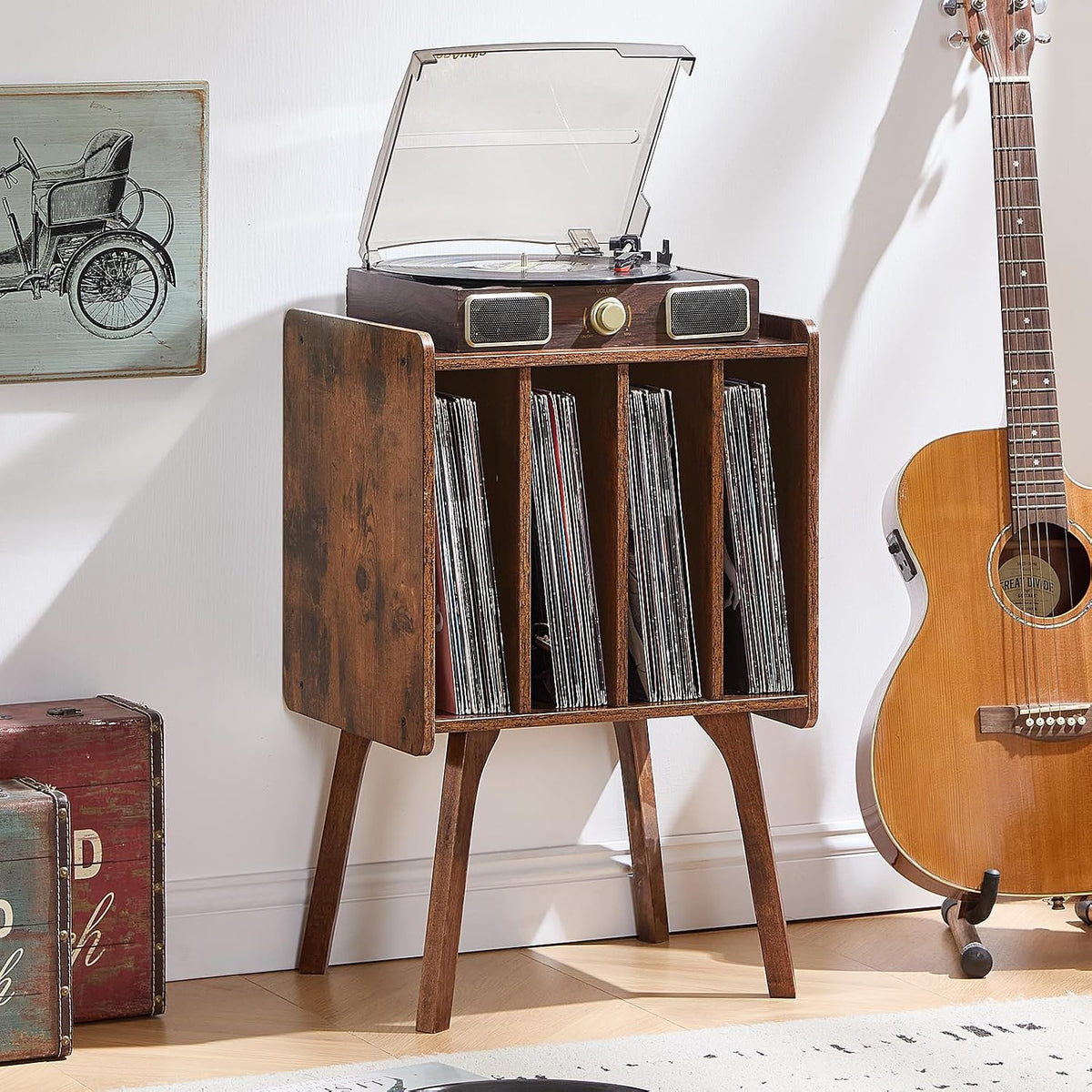 LELELINKY Rustic Brown LP Record Player Stand, Vinyl Record Storage Table