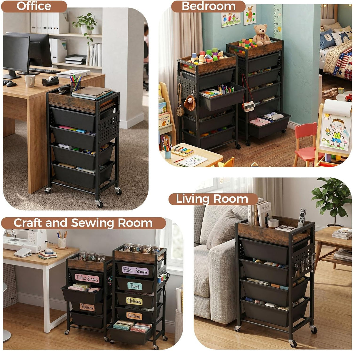 6 Tier Rolling Cart with Drawers, Plastic Drawer Storage Craft Cart with Pegboards & Hooks, Metal Utility Cart with Wheels & Wooden Tabletop, Classroom Office Art Supply Organizers and Storage, Black