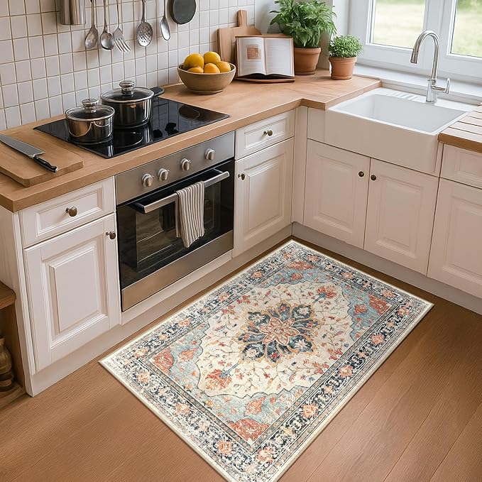 RELEANY Area Rugs Small 2'x3' Washable Non-Slip, Floral Vintage Distress