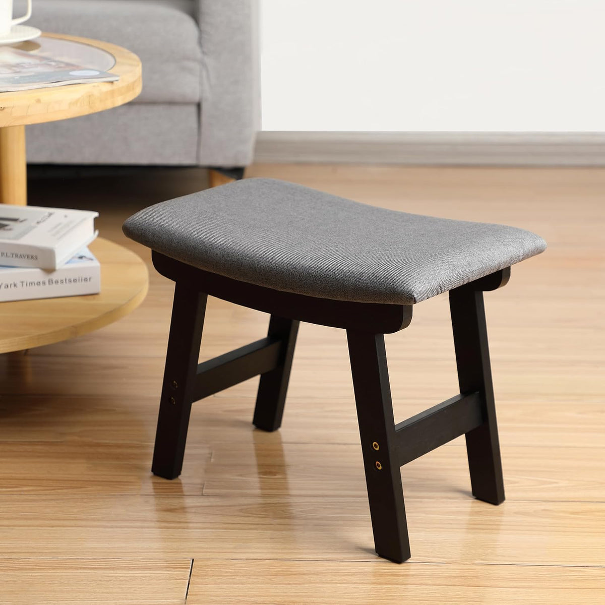 BAMBOO LAND- Bamboo Foot Stools Ottoman, Gray Cushion & Black Wood Legs, Small Ottoman Foot Rest for Couch