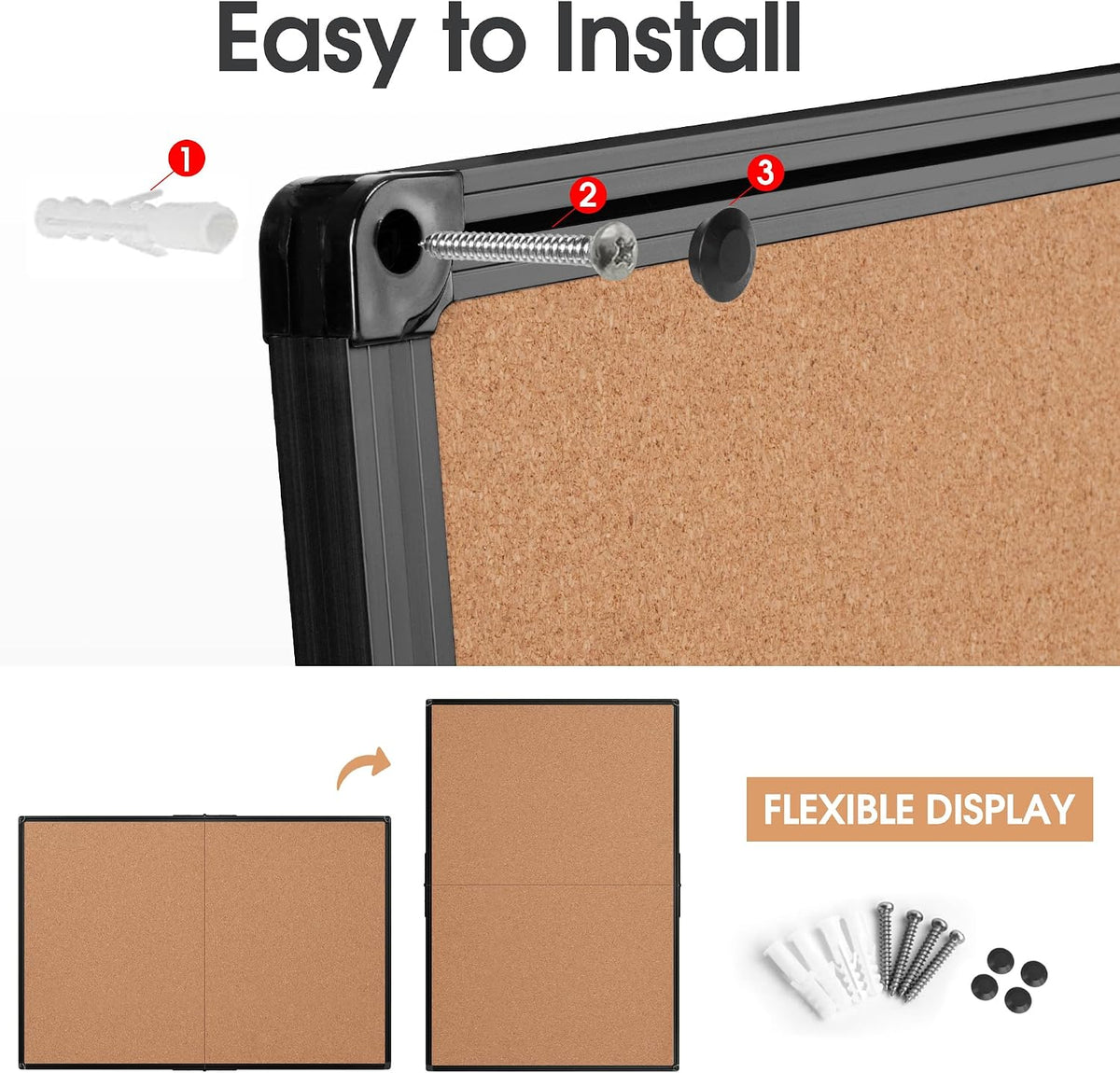 Cork Board Bulletin Board 36 x 48, Foldable Notice Pin Board for Wall, Black Aluminum Framed 4x3 Corkboard, Large Wall Mounted Office Board with 36 Push Pins for School & Home