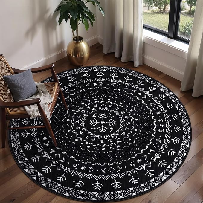 SERISSA Round Area Rug, 4ft Washable Non-Slip Black and White Boho Circle Rug