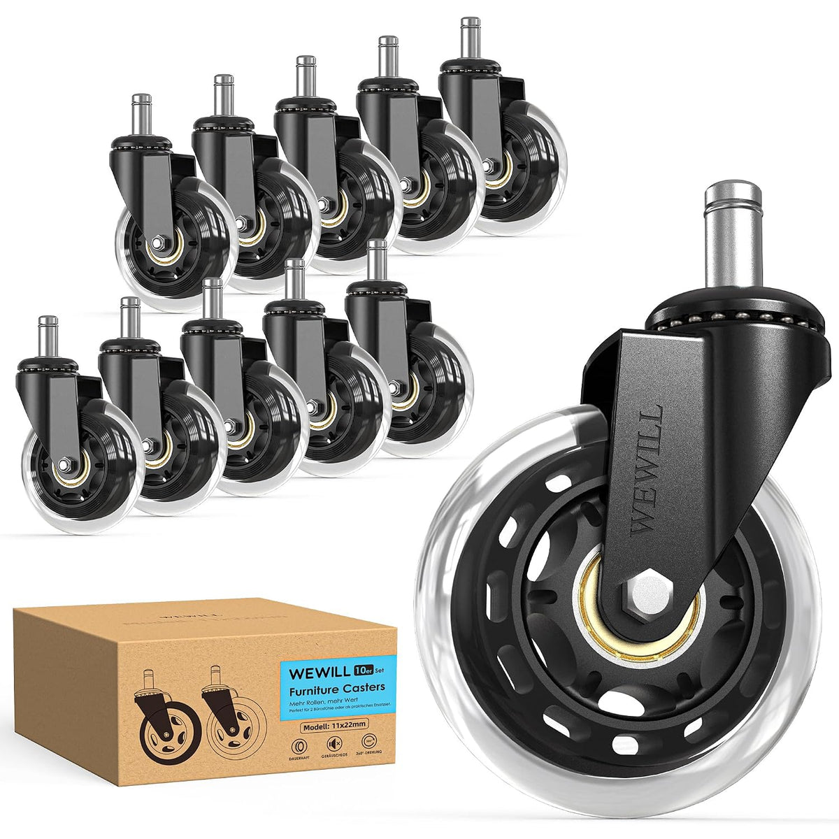 WEWILL Office Chair Wheels - Rubber Casters Replacement Universal Fit 98% Chair(Set of 10) Heavy Duty 3 Inch Smoothly & Quietly Safe for All Floor, Hardwood, Tile, Carpet, Noise Free