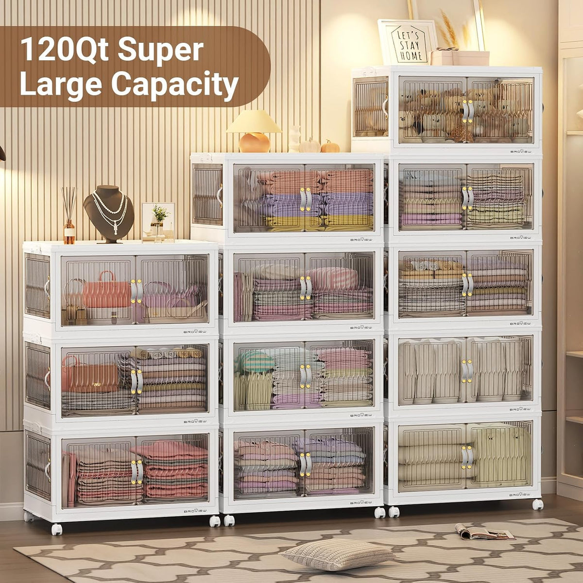 BROVIEW 150Gal Stackable Storage Bins with 5 Lids Foldable Cabinet, W,5Pack