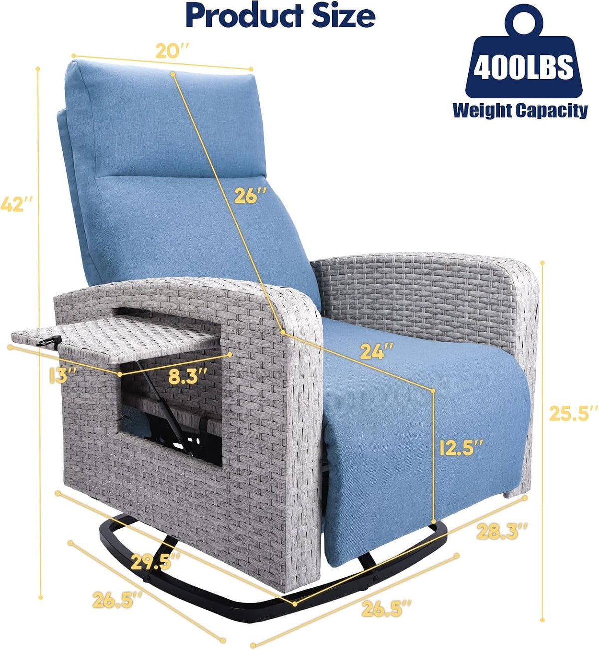ZZW Outdoor Recliner Chair, Wicker Patio Recliners with Adjustable Backrest and Extended Foot Rest, Reclining Patio Chairs with Flip Table & Removable Cushion Cover for Porch