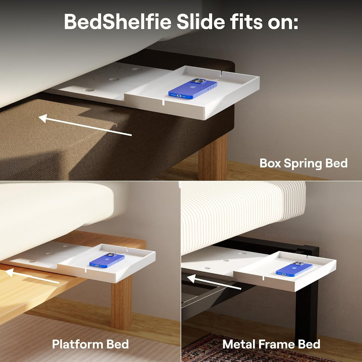 BedShelfie Bedside Shelf for Dorm Room - White Wood Slide