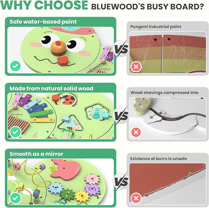 BlueWood Wooden Wall Busy Board Panels, Toddler Learning Activity Center, Montessori Philosophy Sensory, Educational Toys, Conducive to All-Round Development - Caterpillar