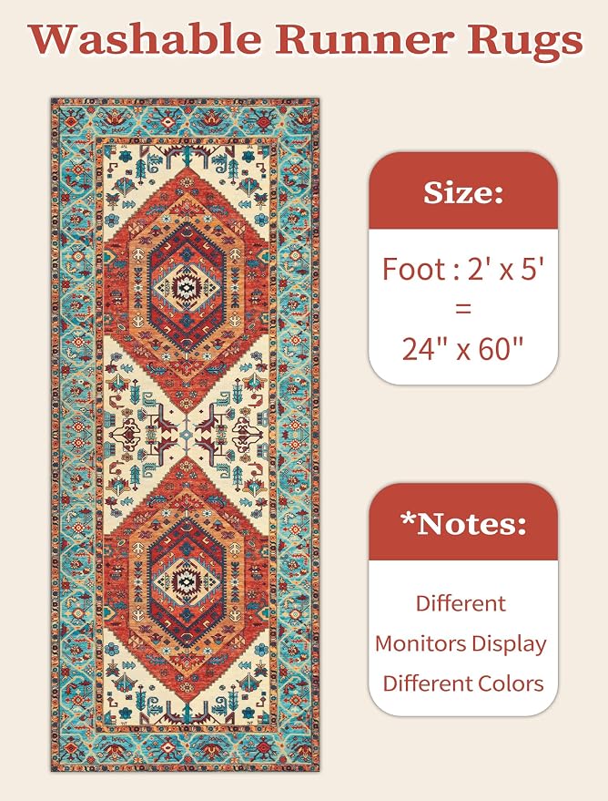 SERISSA Boho Washable Runner Rug, 2x5 Rug Runner Non-Slip Vintage Orange
