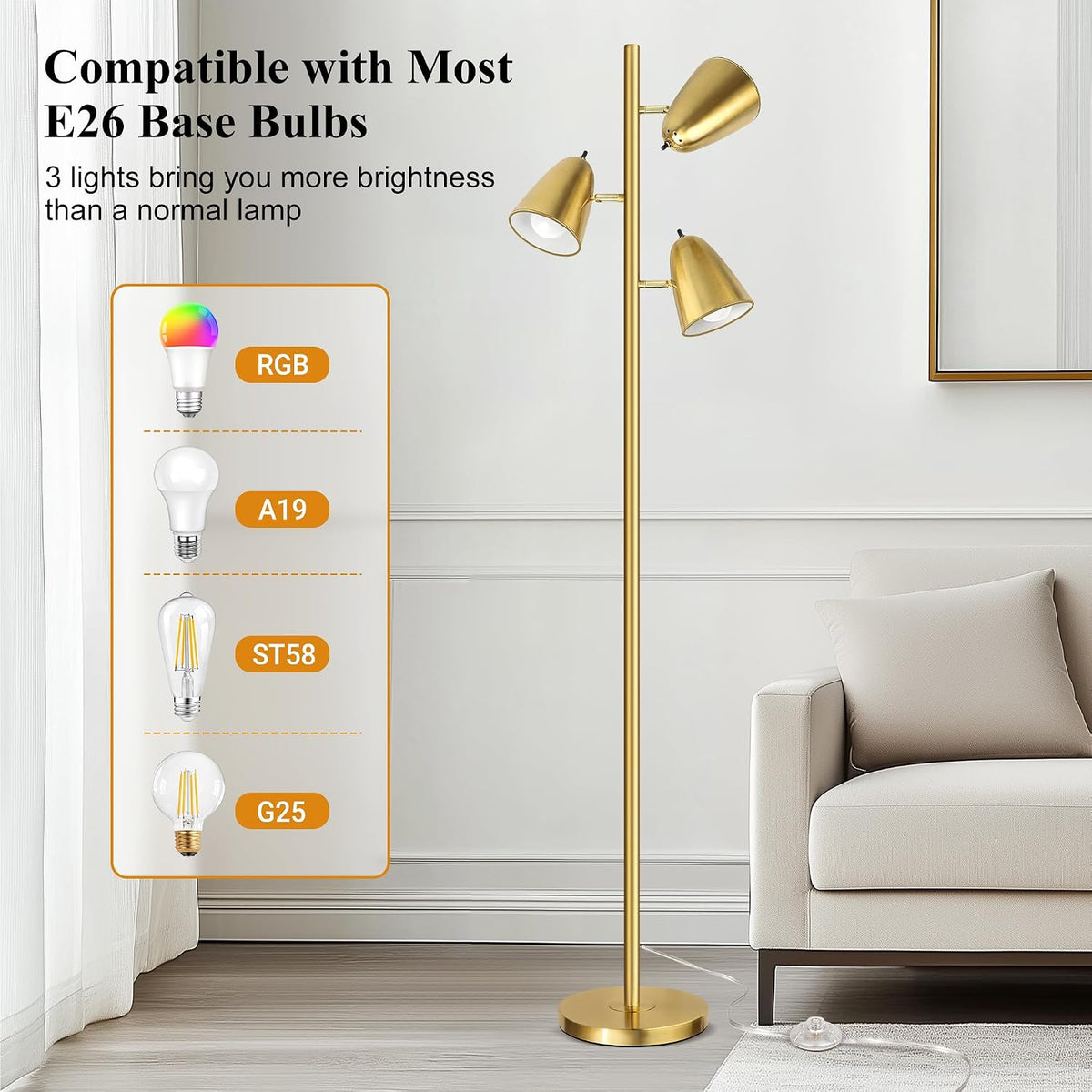 QiMH Tree Floor Lamp with 3 Light Bulbs, Standing Tall Pole Lamps for Living Room Bedroom Office, Reading Stand up Lamps with 3 Adjustable Arms, Brushed Gold