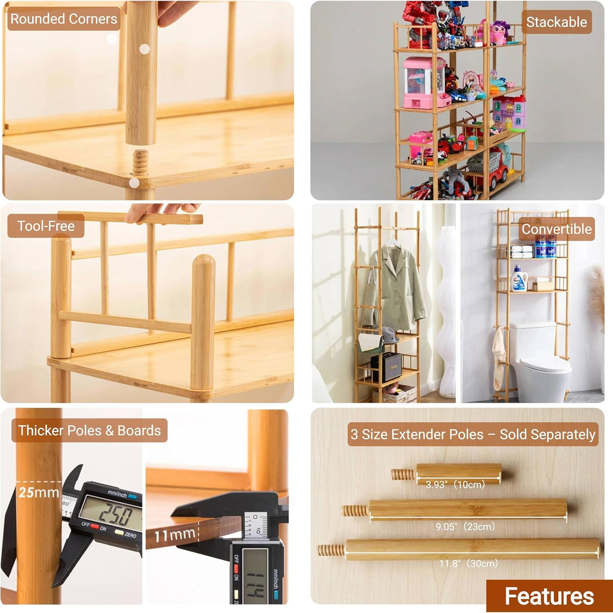 5‑Tier Expandable Bamboo Open Bookcase,Wooden Bookshelf,Natural