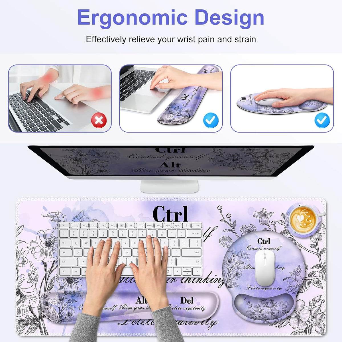 Mouse Pad, 4 in1 Large Desk Mat, Desk Pad Matt for Desktop, Anti-Slip XXL Big Computer Ergonomic Mousepad with Wrist Support for Keyboard and Mouse for Women I Purple Positive Quotes