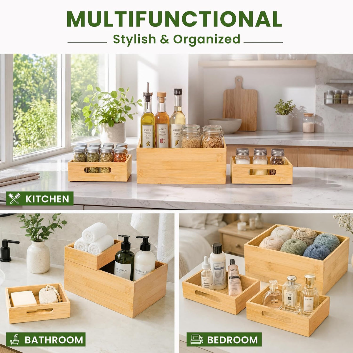 HOMESTEAD 3-Piece Stackable Bamboo Storage Box, Large Storage Bin, Wooden Boxes for Makeup Drawer Organizer Bathroom, Office Supplies, Kitchen Utensils, Bamboo Storage Containers (Medium)