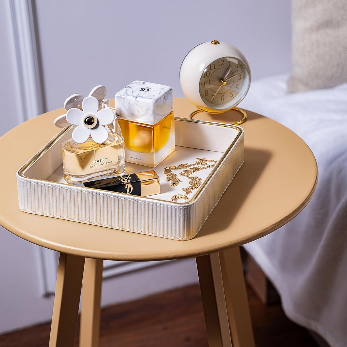 2 Pack White Catch All Trays for Jewelry| Small Leather Valet Tray| Key Bowl for Entryway Table EDC Trinket Tray CatchAll| Perfume Trays for Dresser Organizer Perfume Holder (Set of 2)