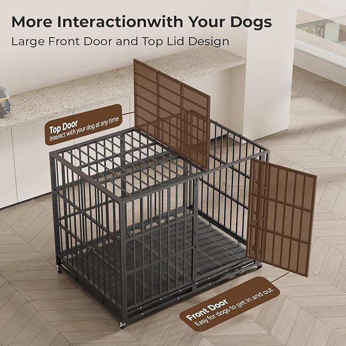 60 Inch Heavy Duty Dog Crate Indestructible XL Steel Escape Proof, Indoor High Anxiety Cage Kennel with Wheels, Removable Tray, Extra Large Kennel XL XXL