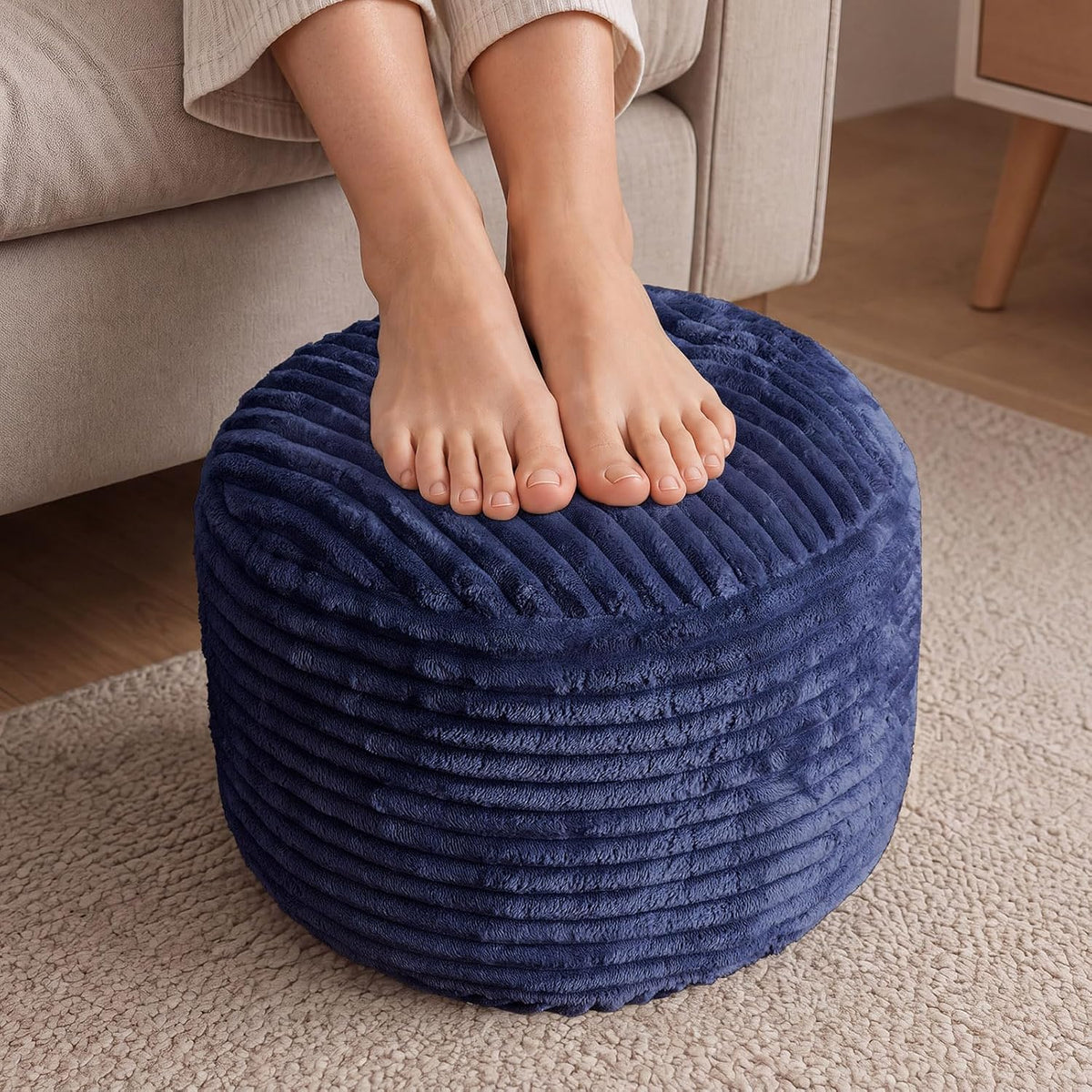 SHOUREN Stuffed Round Ottoman,Pouf Ottoman Foot Rest,18 X 14,Navy
