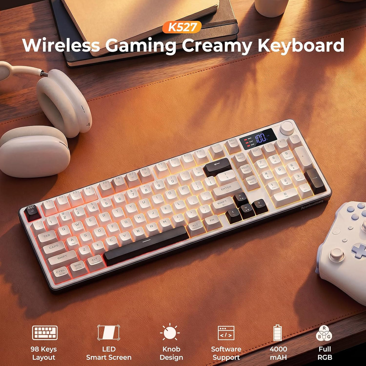 Redragon Wireless Gaming Keyboard, 98-Key Tri-Mode (BT/2.4G/Wired) RGB Computer Keyboard with Knob & Display, Fade-Resistant PBT Keycaps & 4000mAh Battery, Compatible with Windows/Mac - White Gray