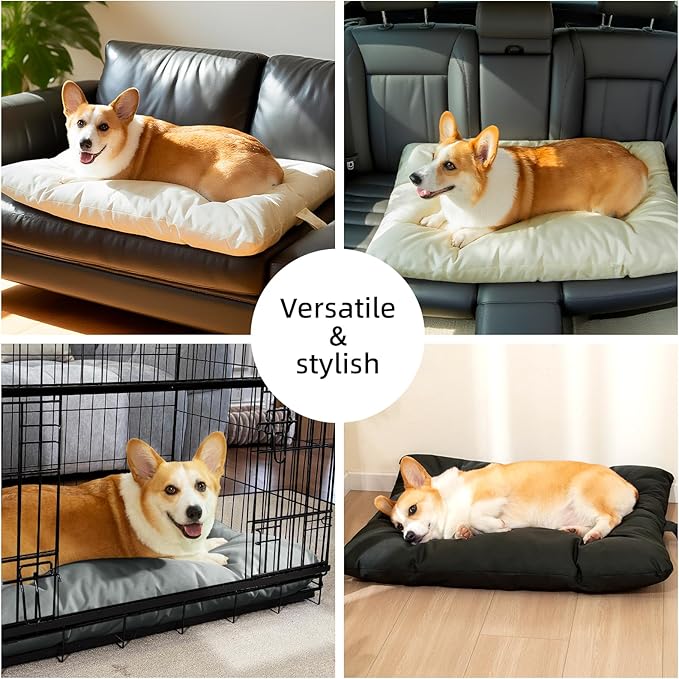 Chew Resistant Dog Bed for Medium Dogs - Durable 35"x22" Kennel Pad with Soft Plush Filling, Machine Washable Crate Mat for Aggressive Chewers, Indoor Outdoor Pet Bed, Beige