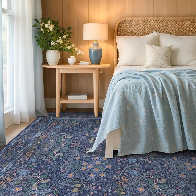 Washable Dark Blue Rug for Living Room