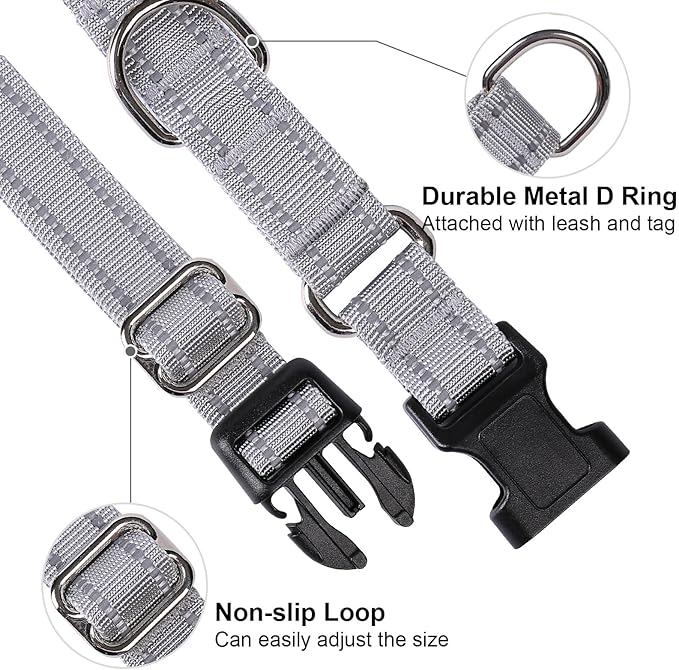 Martingale Dog Collar, Adjustable Nylon Reflective Collar with Buckle No Pull Dog Collar for Small Medium Large Dogs (Grey S)