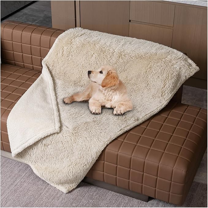 Waterproof Cream Calming Dog Blanket Beige Fluffy Long Faux Fur Pet Throw Blankets for Cats Puppy Couch Sofa Covers Washable Love Bed Cover(Beige,M-57x40in)