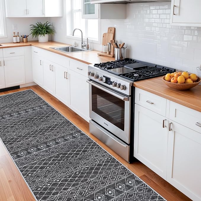 Black Moroccan Washable 3x16 Long Hallway Runner Rug | Soft Low Pile Thin