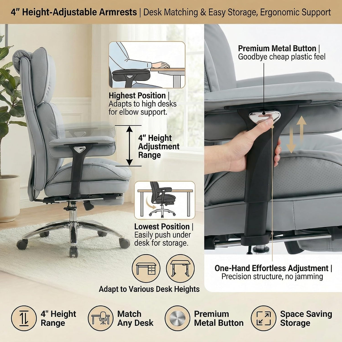 Big & Tall Office Chair, 400lbs Executive Chair with Footrest, Gray