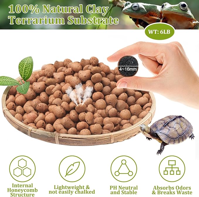 Riare 6LBS Expanded Clay Balls Terrarium Substrate for Reptiles - 100% Organic Lightweight Clay Pebbles Substrate Frogs False Bottom Substrate, Bioactive Terrarium Substrate for Drainage and Moisture