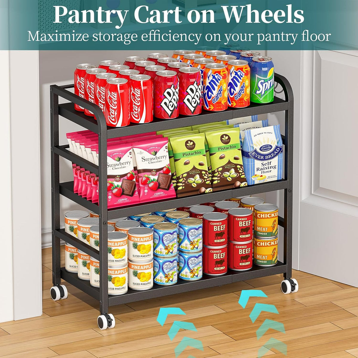 DAOUTIME 3-Tier Expandable Rolling Cart, Pantry Storage Cart with Wheels, Adjustable Rolling Pantry Floor Organizer, Metal Under Desk Cart, Can Storage & Snack Organizer for Kitchen Pantry, Black
