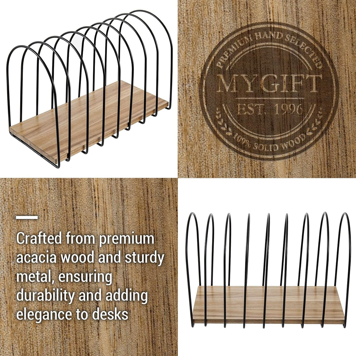MyGift 14 Inch Large Desktop Document Holder, Premium Acacia Solid Wood and Black Metal Wire Arch 8 Section File Folder Storage Rack, Office Desk Organizer
