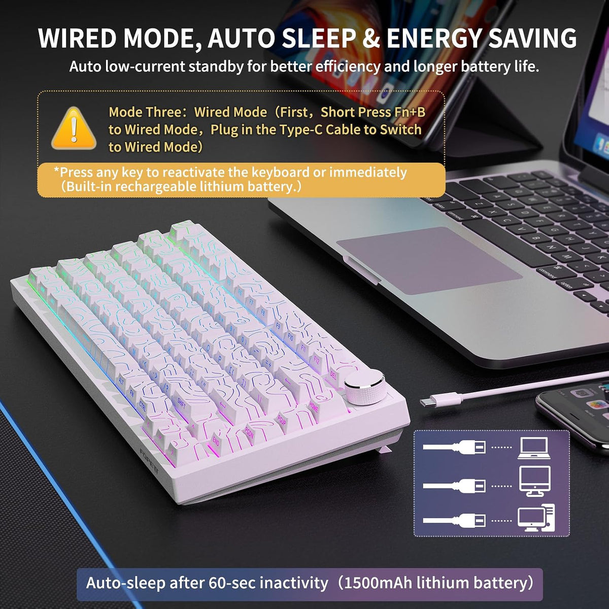 FOPETT Wireless Mechanical Keyboard Rechargeable Adjustable Backlight Three Mode Wired /2.4G /Bluetooth Side Engraved for Laptop/Windows/PC - Contour Lines White