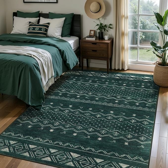 SERISSA 4x6 Area Rugs for Living Room, Washable Non-Slip Dark Green Boho Rug