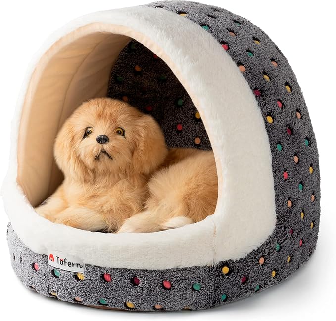 Tofern Dog Beds for Small Dog Cats Colorful Dots Pattern Striped Cute Fleece Warm Washable Igloo Pet Bed with Removable Cover