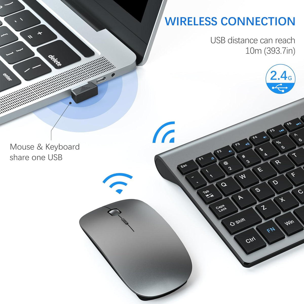 Wireless Keyboard and Mouse Ultra Slim Combo, TopMate - Gray Black