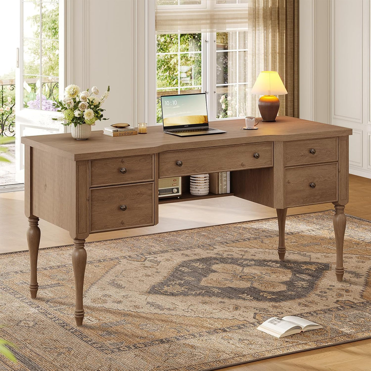 59in Wood Executive Desk with Solid Wood Legs & Keyboard Tray, Brown
