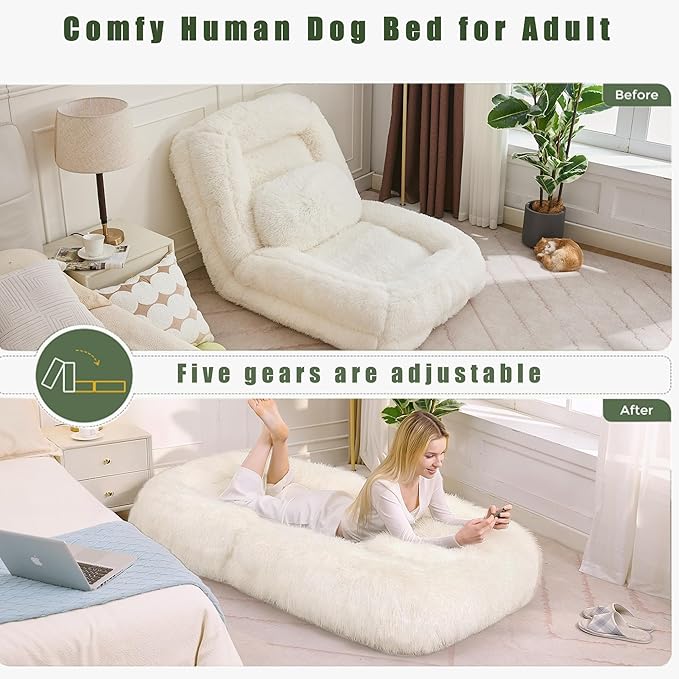 Adjustable 5-Position Human Dog Bed for People, Big Comfy Plush Floor Gaming Lazy Sofa Chair with Pillows & Back Support, Foldable Lounge Loveseat Couch for Living Room Bedroom (Beige)