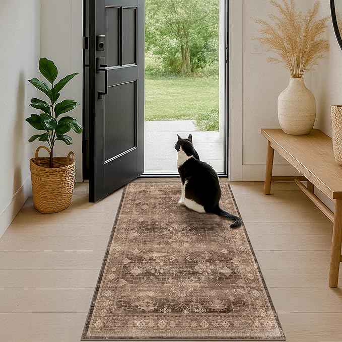 Brown Boho Washable 3x6 Entryway Runner Rug, Indoor Hallway Kitchen Floor Rug