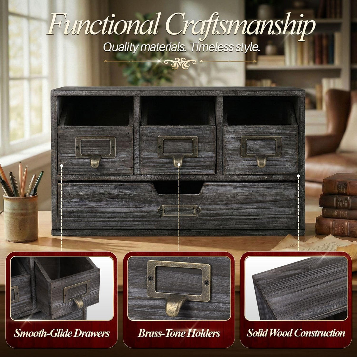 Flexzion Apothecary Cabinet with 4 Drawers - Vintage Rustic Wood Desktop Organizer for Home & Office Supplies - Tabletop Wooden Storage for Catalog, Card, Jewelry, Makeup, Craft & Tools