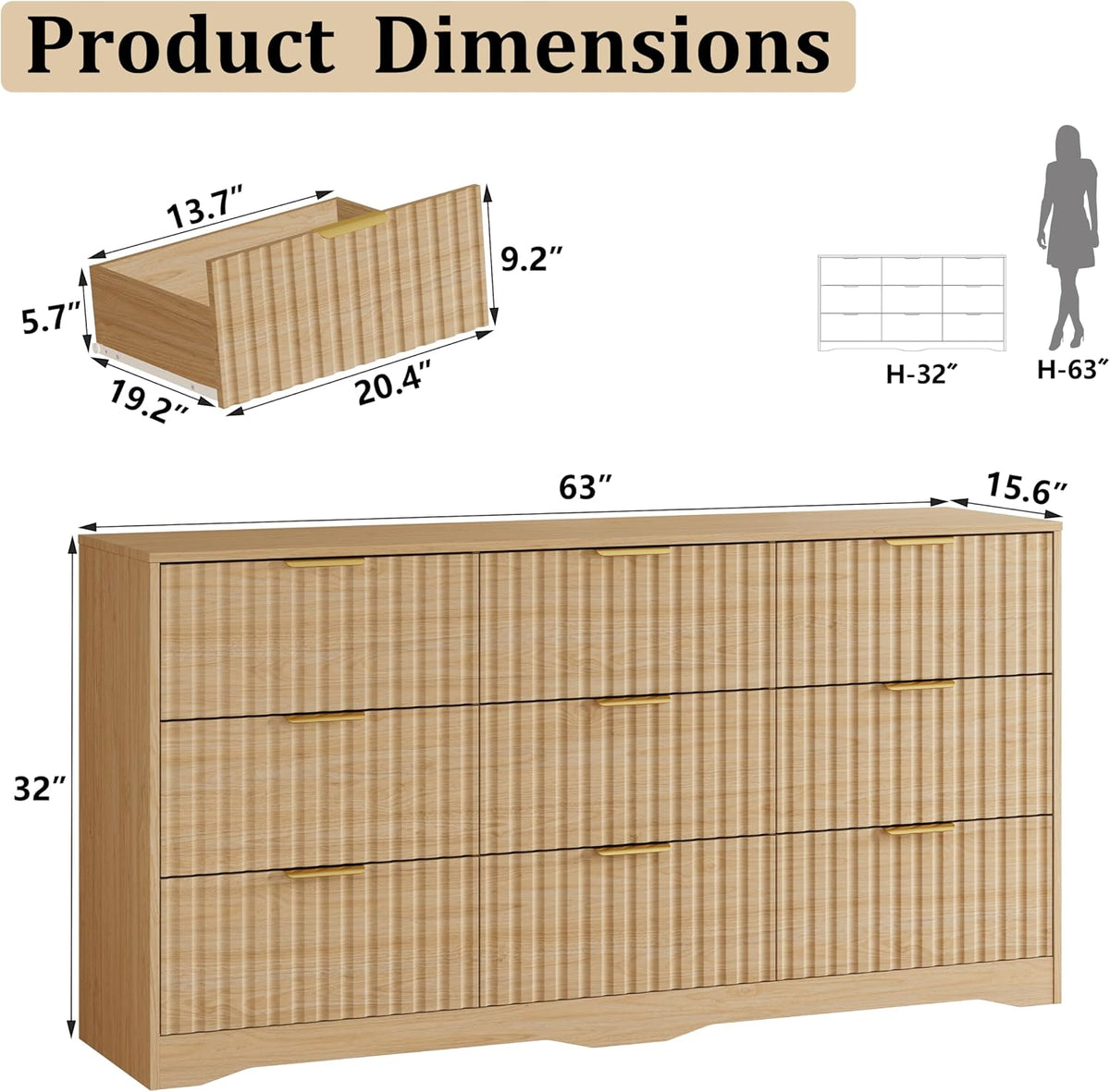 Fluted 9 Drawers Dresser for Bedroom, 63" Wide Wood Dressers, Natural Oak