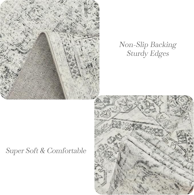 Soalmost 5x7 Area Rugs Grey Low Pile Indoor Washable Trendy Faded Style Floral